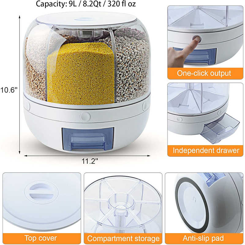 Grain Genie:Food Grain Storage Container 6-Grid Rice Dispenser BPA-free Kitchen Sto.rage Bucket for Home Kitchen.