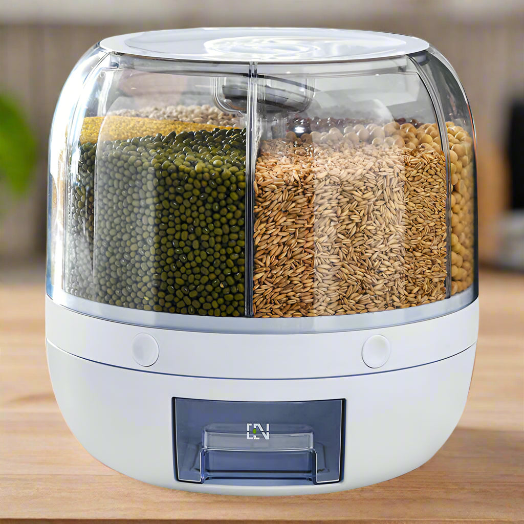 Grain Genie:Food Grain Storage Container 6-Grid Rice Dispenser BPA-free Kitchen Sto.rage Bucket for Home Kitchen.