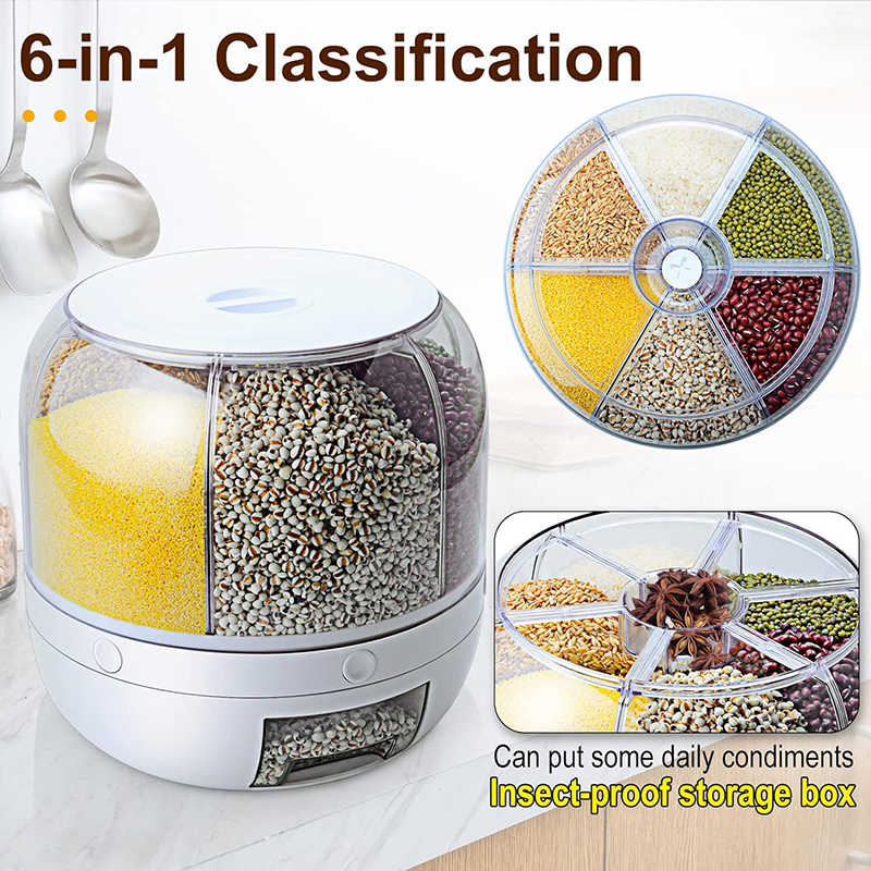 Grain Genie:Food Grain Storage Container 6-Grid Rice Dispenser BPA-free Kitchen Sto.rage Bucket for Home Kitchen.